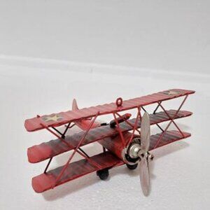 Vintage Style WWI Metal Tri-Plane Aircraft Home Child Decor Toy Red 6”